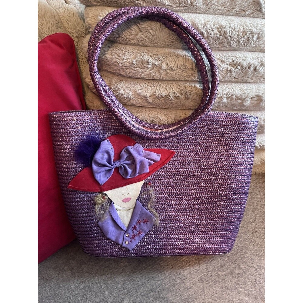 Vintage Y2K Red Hat Lady Straw Wicker Tote Bag Cottagecore Kitchy Handbag Purse